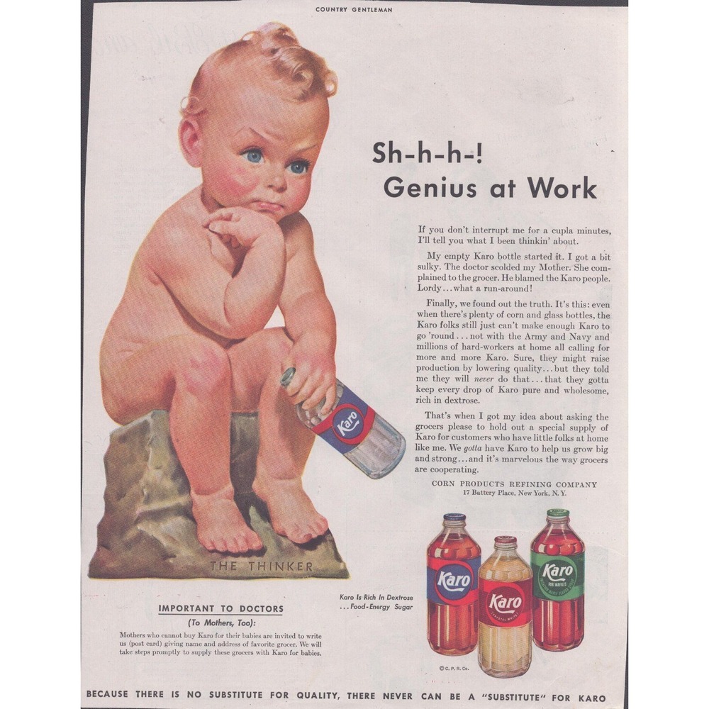 Vintage 1940s Karo Syrup Print Ad Country Gentleman Baby The Thinker Art
